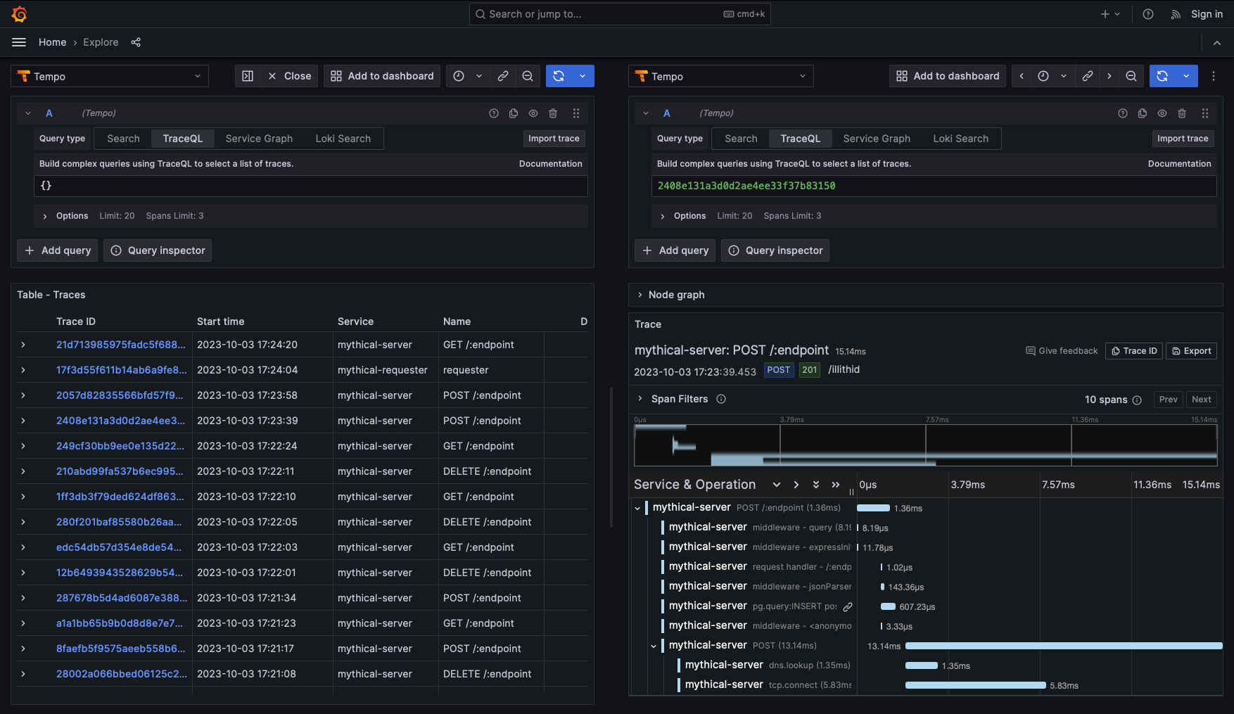 Query editor showing span results