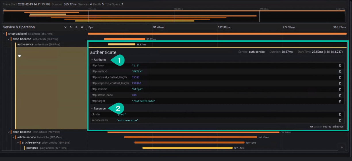 Example of span and resource  attributes.