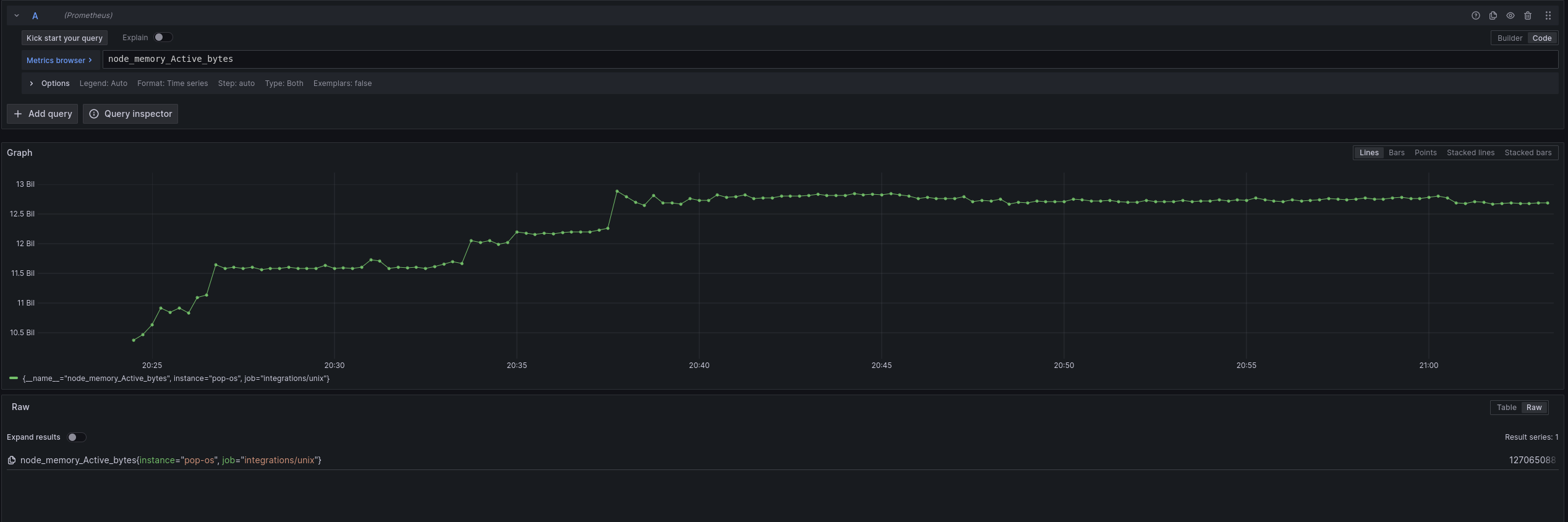 Screenshot of node_memory_Active_bytes query in Grafana