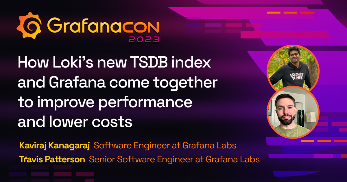 The title card for the GrafanaCON 2023 Loki TSDB index session, including the title of the session, the date and time, and the GrafanaCON 2023 logo.