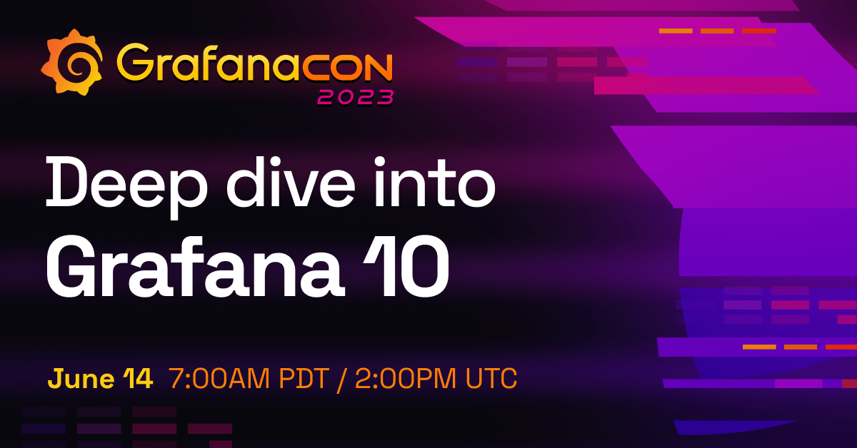 The title card for the Grafana 10 session, including the title of the session, the date and time, and the GrafanaCON 2023 logo.